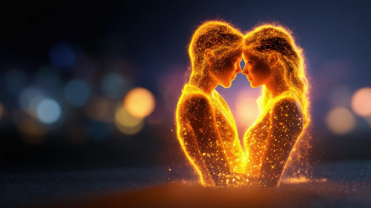 Un abbraccio simbolico di amore e connessione illustrato con vivaci scintille in un'atmosfera da sogno che emana calore e intimità