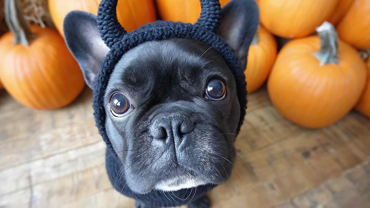 Adorable Black French Bulldog Dressed in a Devil Costume Surrounded by Vibrant Orange Pumpkins, Perfect for Halloween Celebrations and Seasonal Festivities
