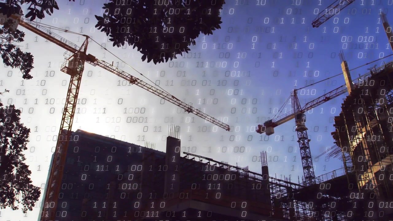 Binary digits appearing, cranes adjusting booms and swinging load, visualizing site data overlay