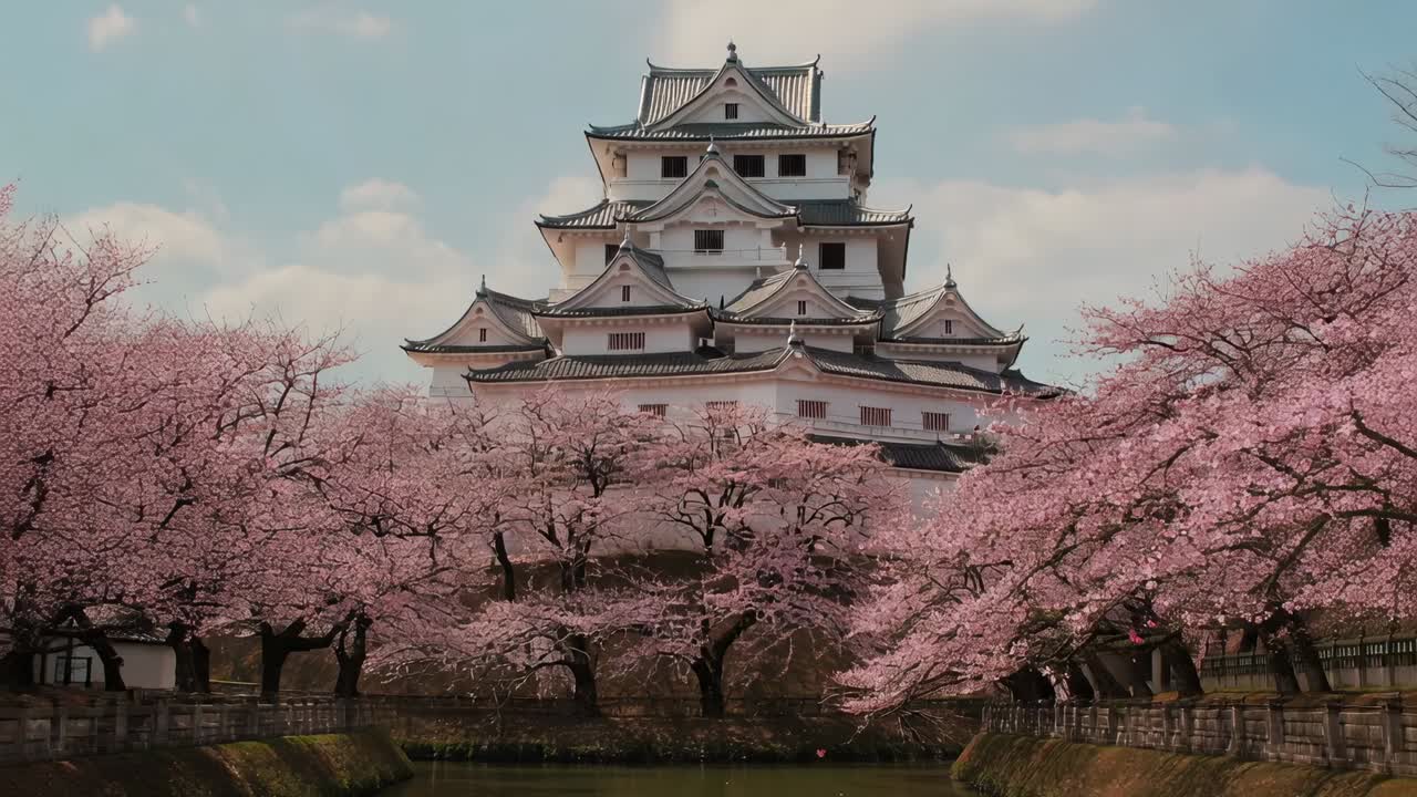 Gentle breeze moving sakura trees and creating drifting petals at ...
