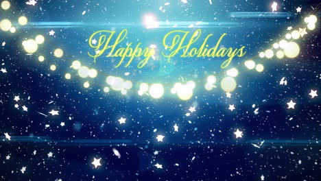 Animation-of-snow-falling-on-happy-holidays-text-and-fairy-lights-against-shining-stars-in-night-sky