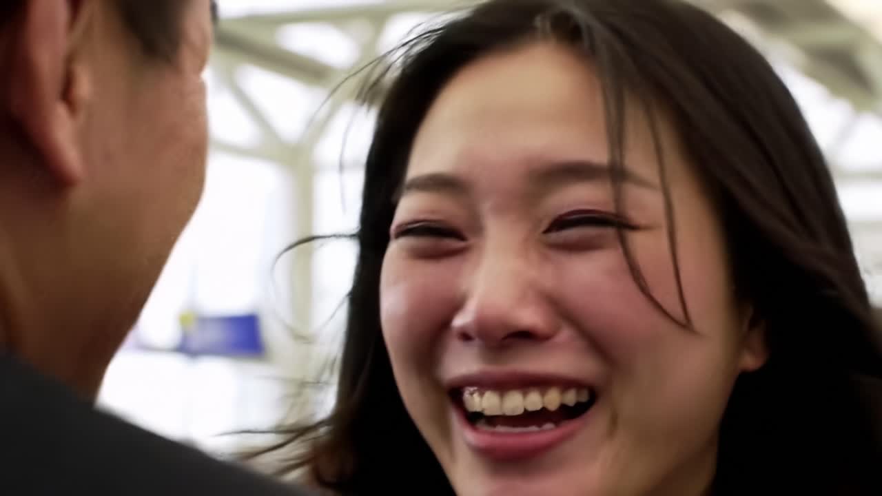 A Joyful Reunion Captured in Emotion: Two Individuals Embrace with Laughter and Happiness, Celebrating Moments of Connection and Affection at a Busy Terminal