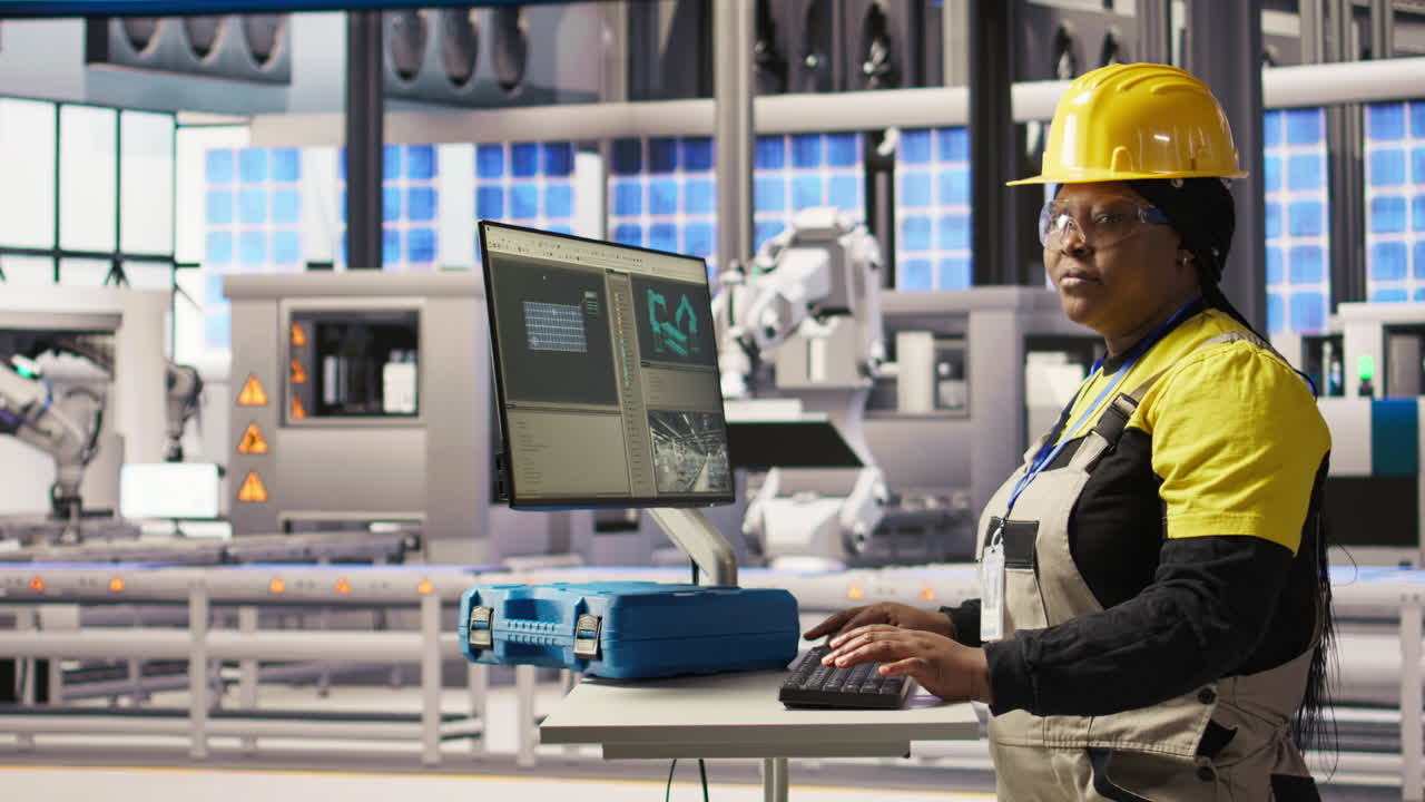Vertical video Portrait of smiling woman in industry 4.0 solar panels plant