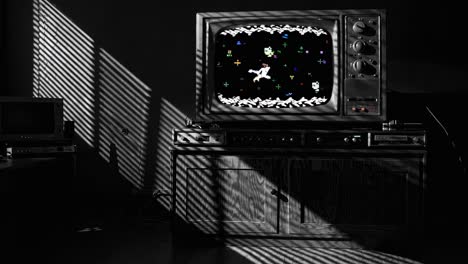 sunlight filters through blinds, illuminating an old television set displaying a classic 8 bit platformer game, evoking a nostalgic atmosphere of retro gaming