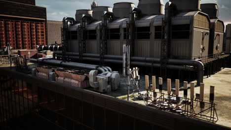 rooftop of a city building with industrial cooling towers and ventilation equipment