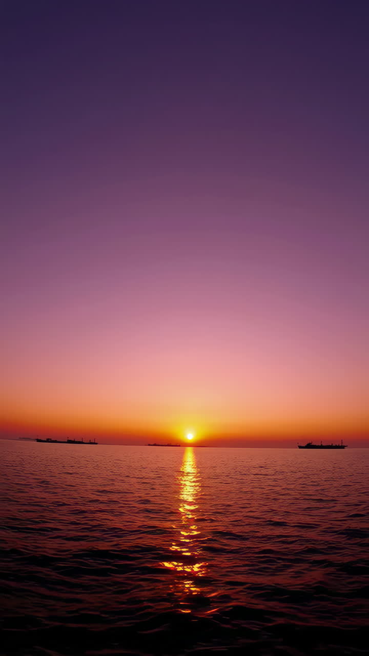 Solnedgang over havet med skibe
