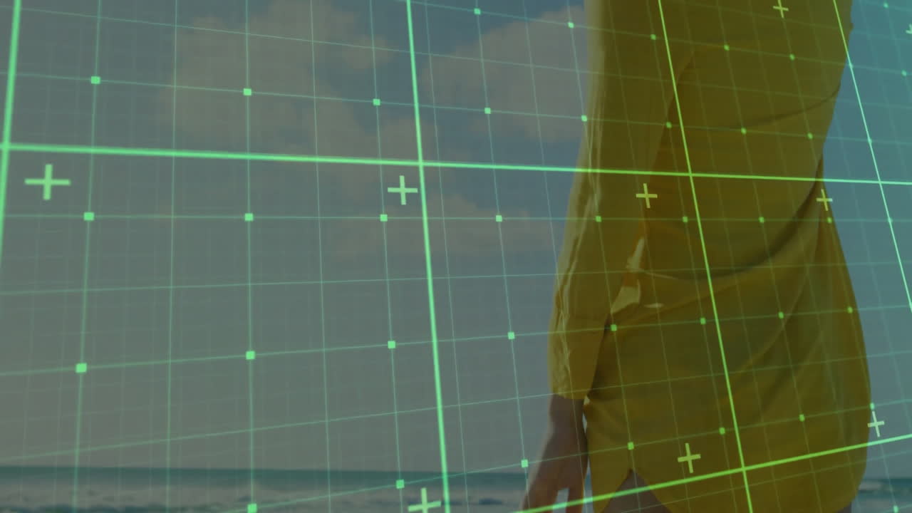 Animation overlaying green grid lines on person standing against cloudy sky