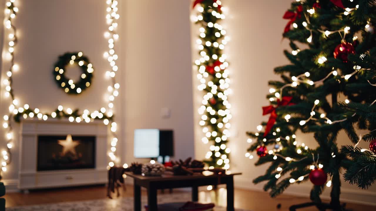 Cozy holiday living room with Christmas lights and decor. Shot from a low angle, perfect