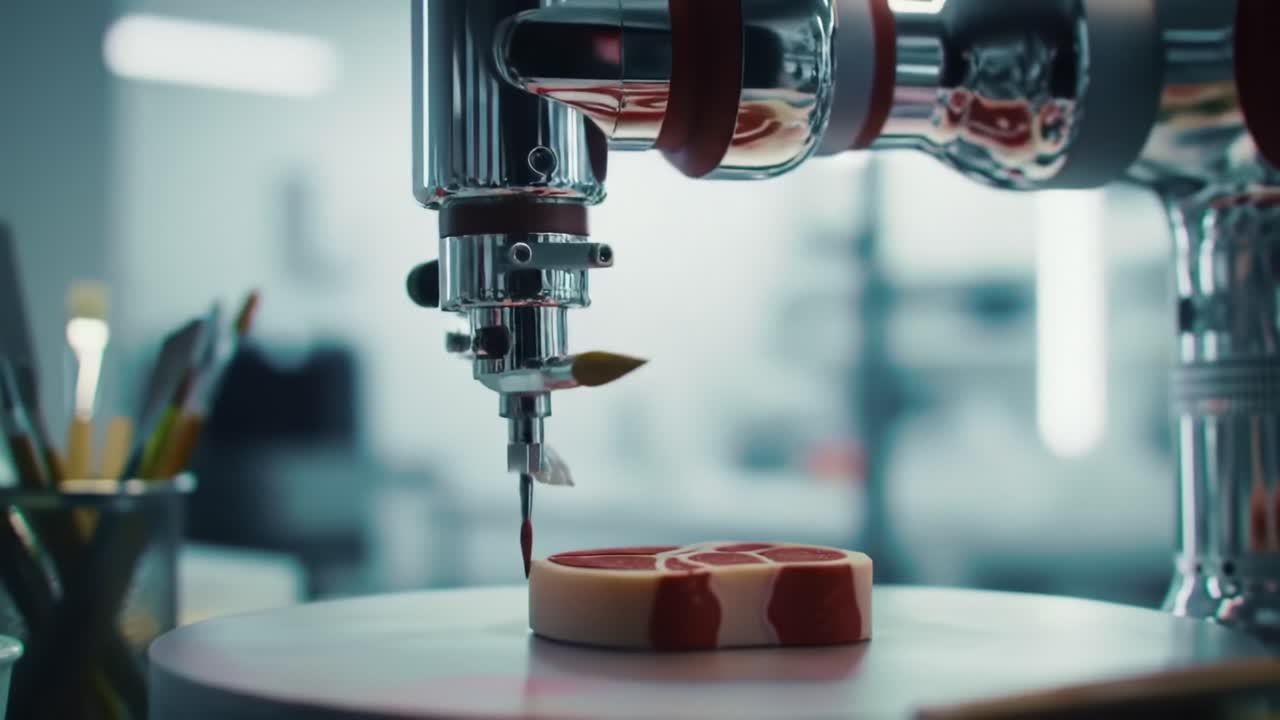 A robotic arm skillfully performs intricate food preparation, cutting meat with precision in a modern culinary lab. This advanced technology demonstrates the future of cooking and food service.