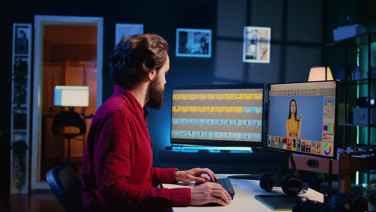 Content creator working in graphic design studio, selecting best editorial pictures for social media