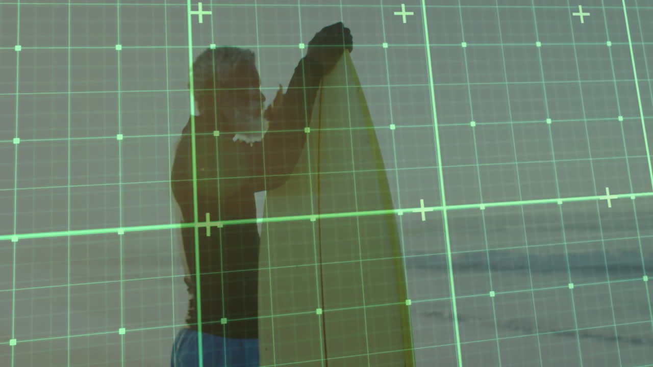 Holding surfboard with animation digital grid, man standing on beach background