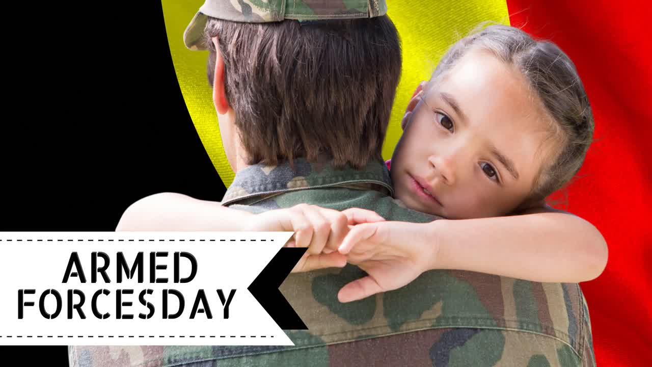 벨기에의 딸과  ⁇ 발을 가진 백인 남성 군인에 대한 무장 세력의 날 텍스트 애니메이션