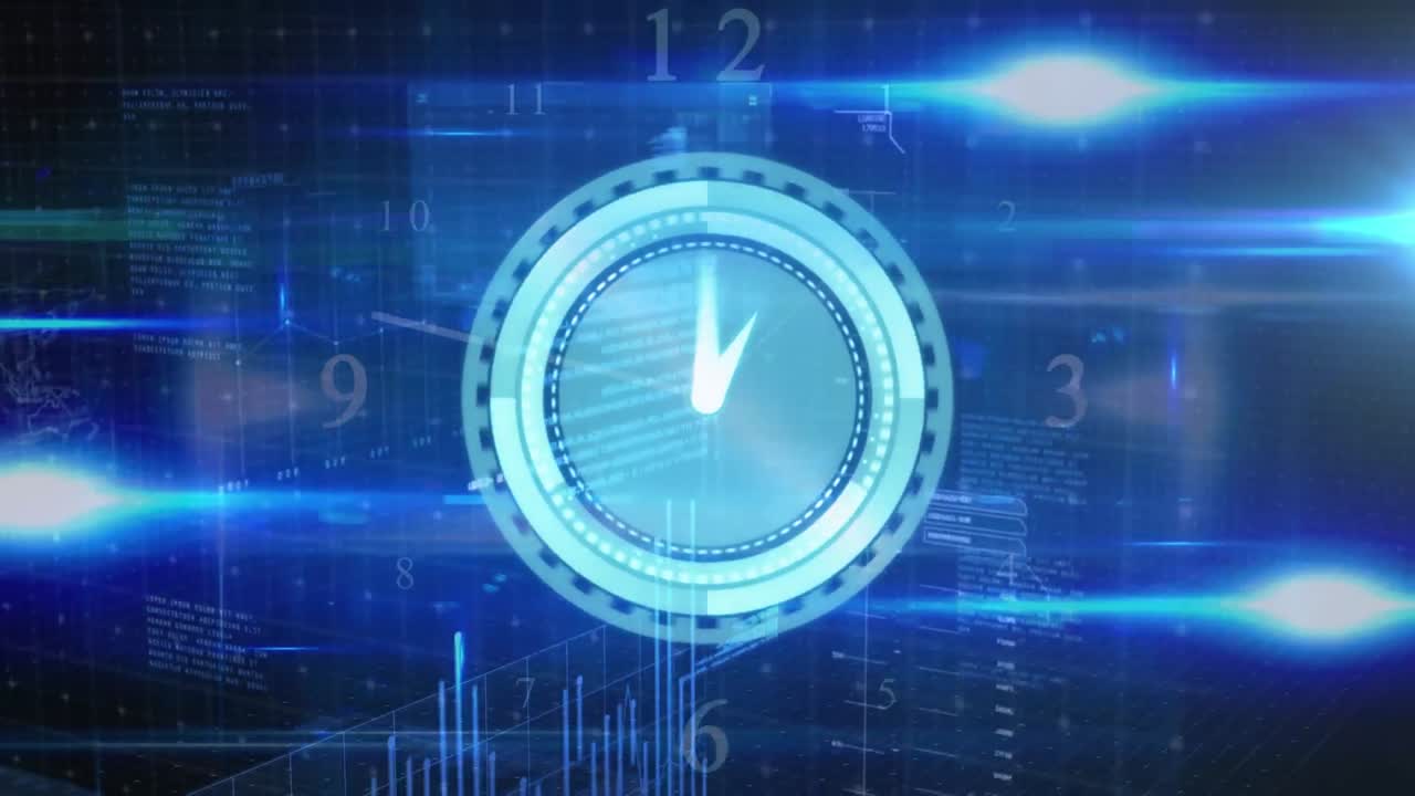 디지털 시계와 파란색 배경의 데이터 처리에 대한 빛의 반점