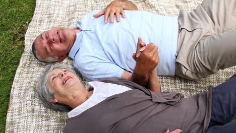 Pareja-Mayor-Relajándose-En-El-Parque-Tumbada-Sobre-Una-Manta