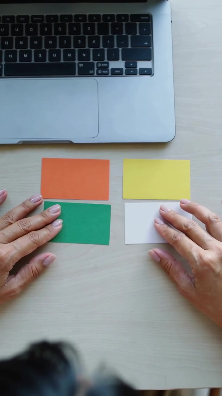 Video verticale: Mani che entrano nell'inquadratura e sistemano campioncini in pile accoppiate su una scrivania per il layout.