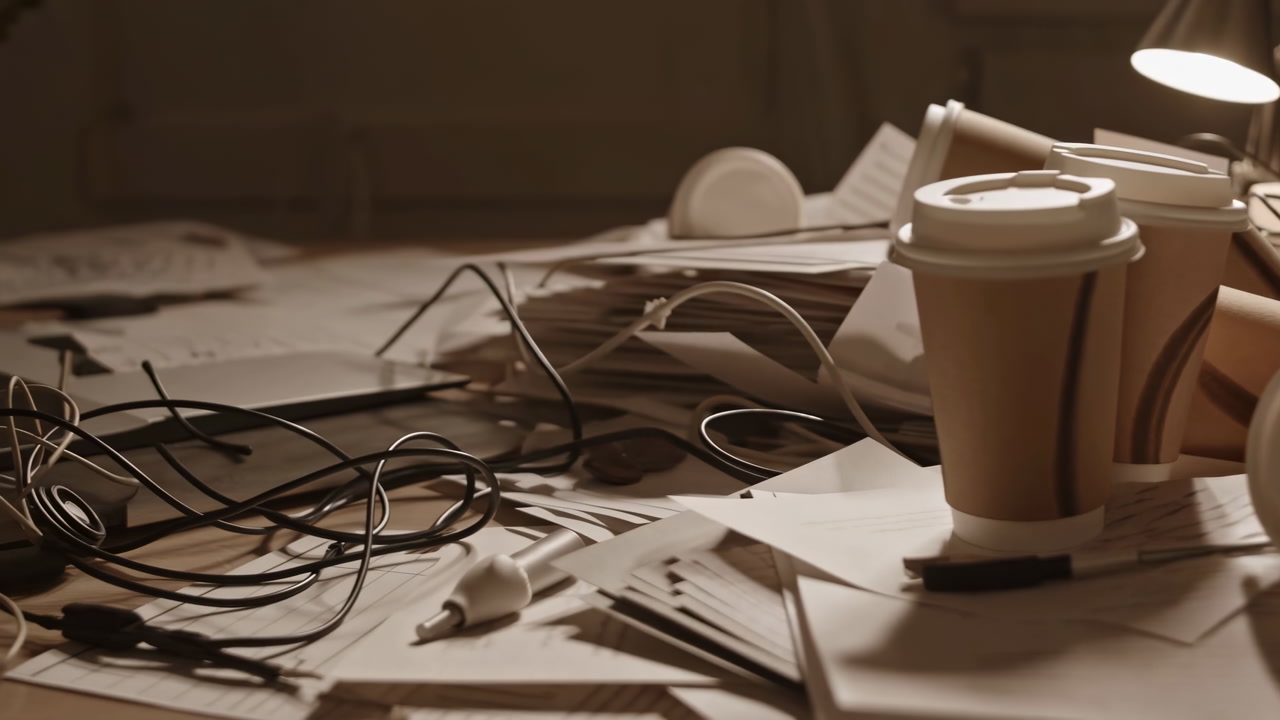 Coffee Cups Cluttered Desk Papers Cables. Latenight Freelance Workspace Strewn With Takeaway Cups, Tangled