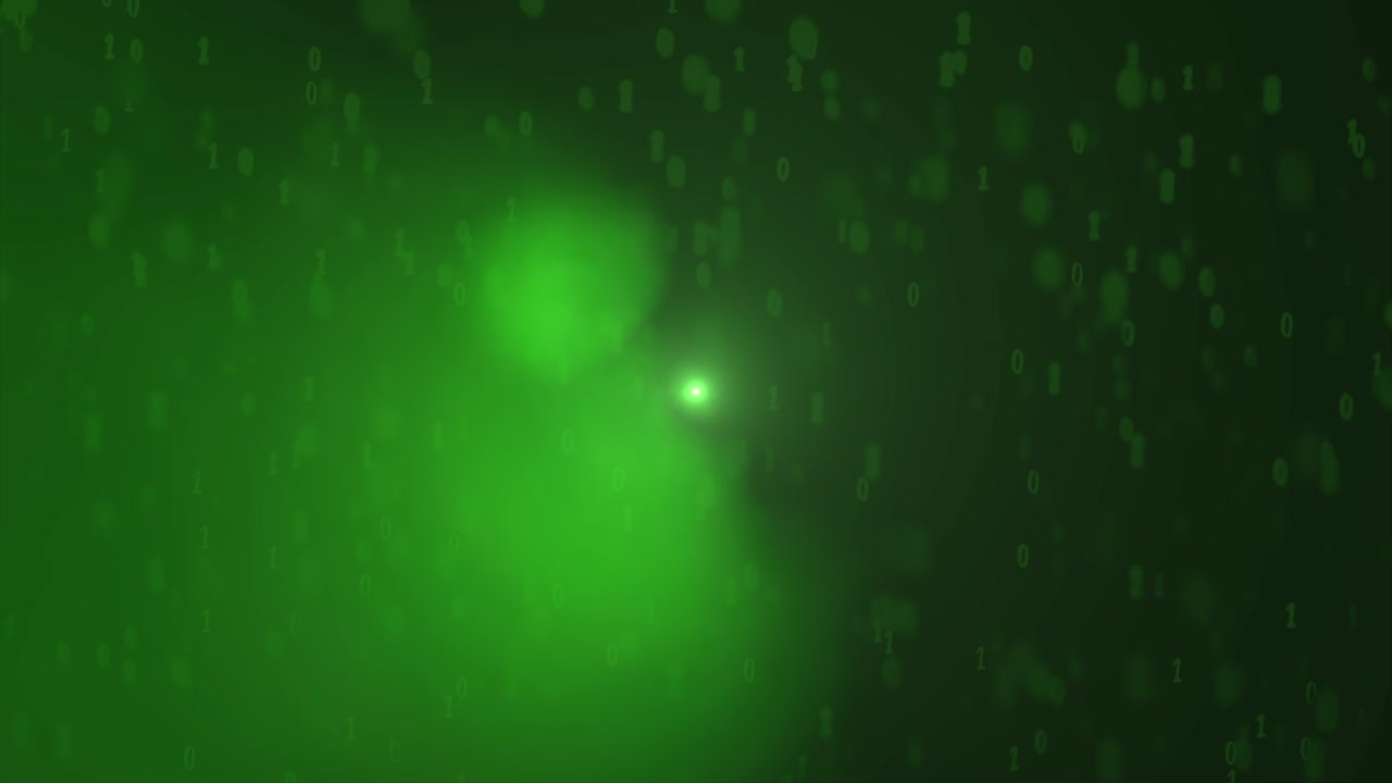 Binary code particles with green light, symbolizing data flow in digital space
