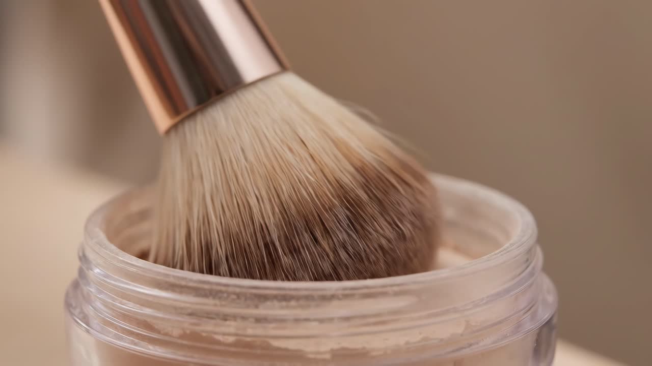 Makeup Brush Dipping into Loose Powder with Flying Particles