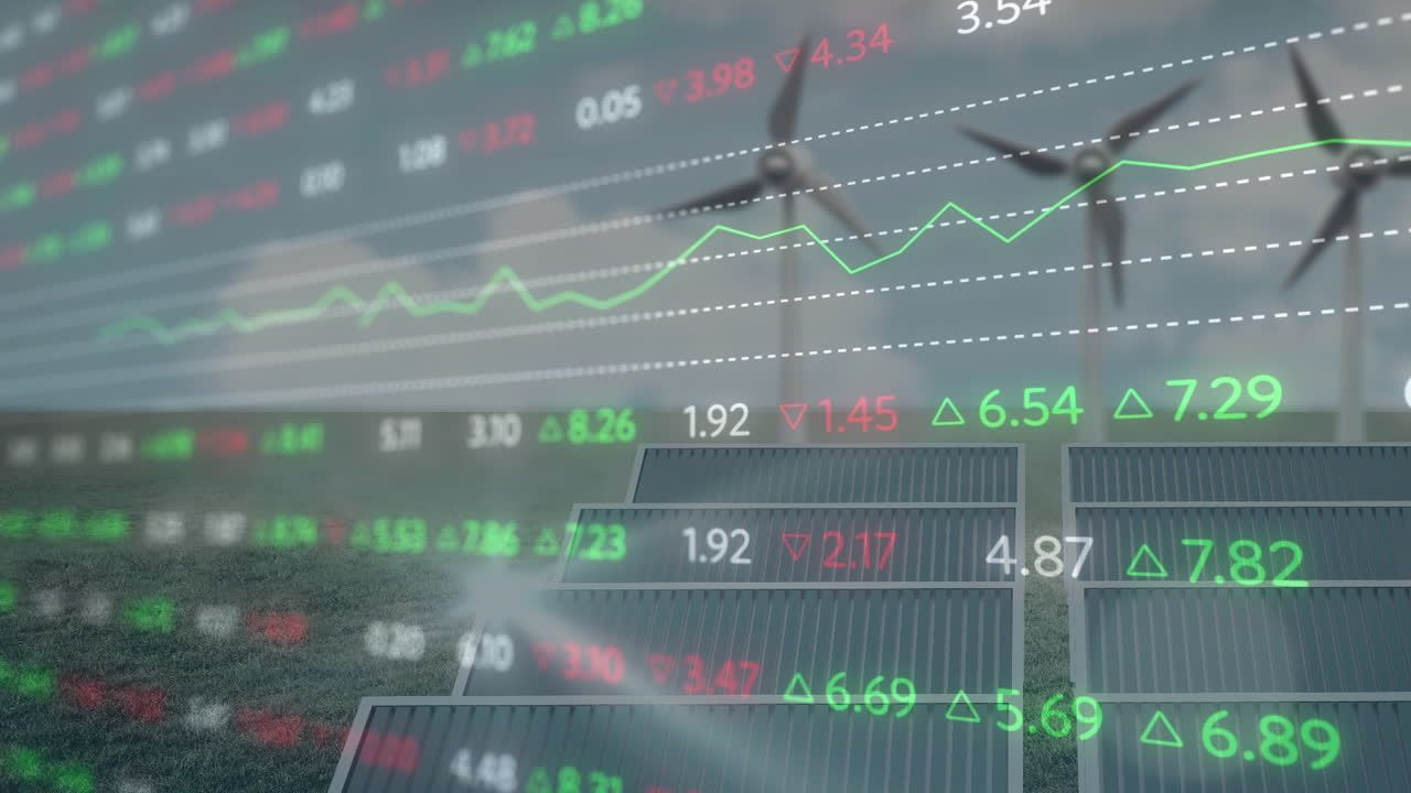 푸른 하늘에 대한 녹색 잔디와 풍차에 대한 태양 전지 패널을 통해 금융 데이터 처리