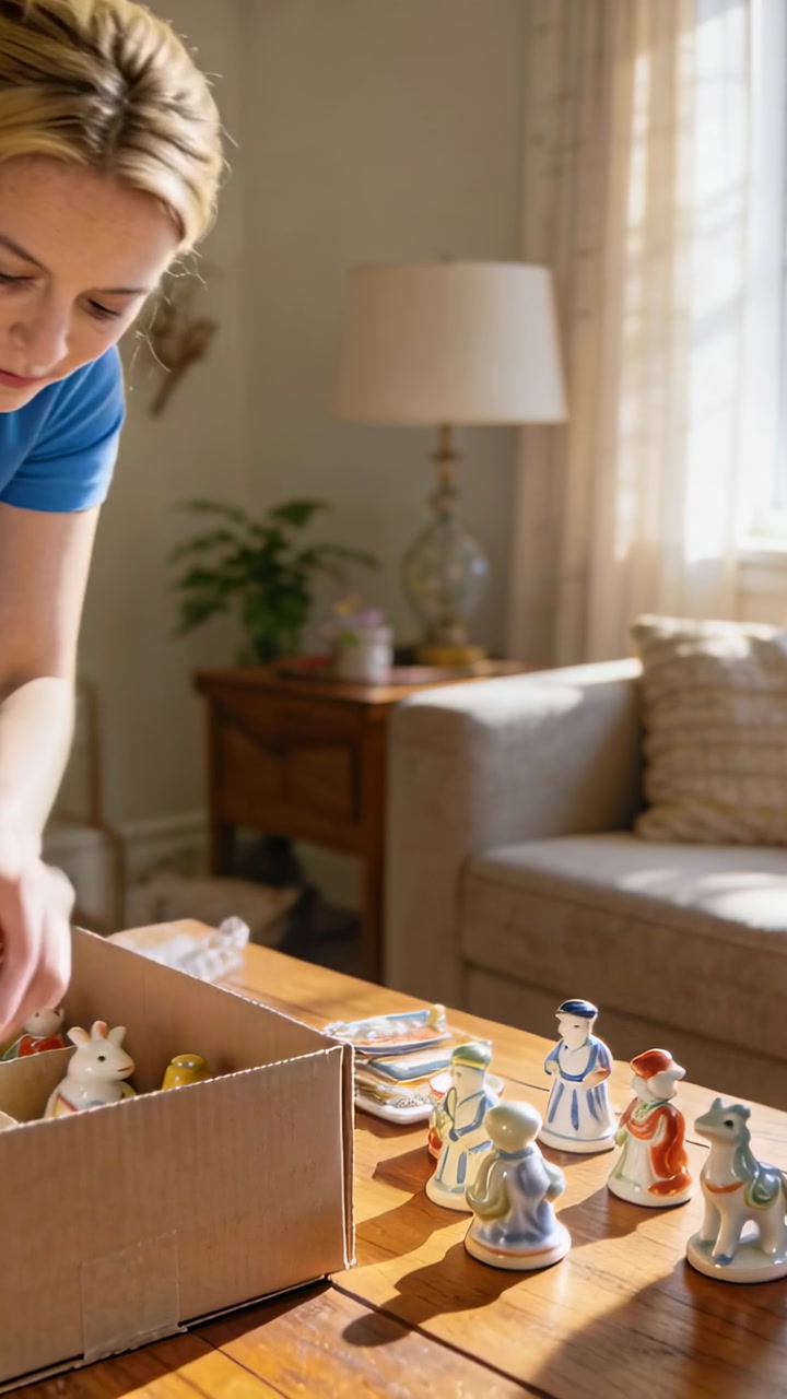 Vertical video: Taking pieces from box, woman in blue top arranging figures on table to display