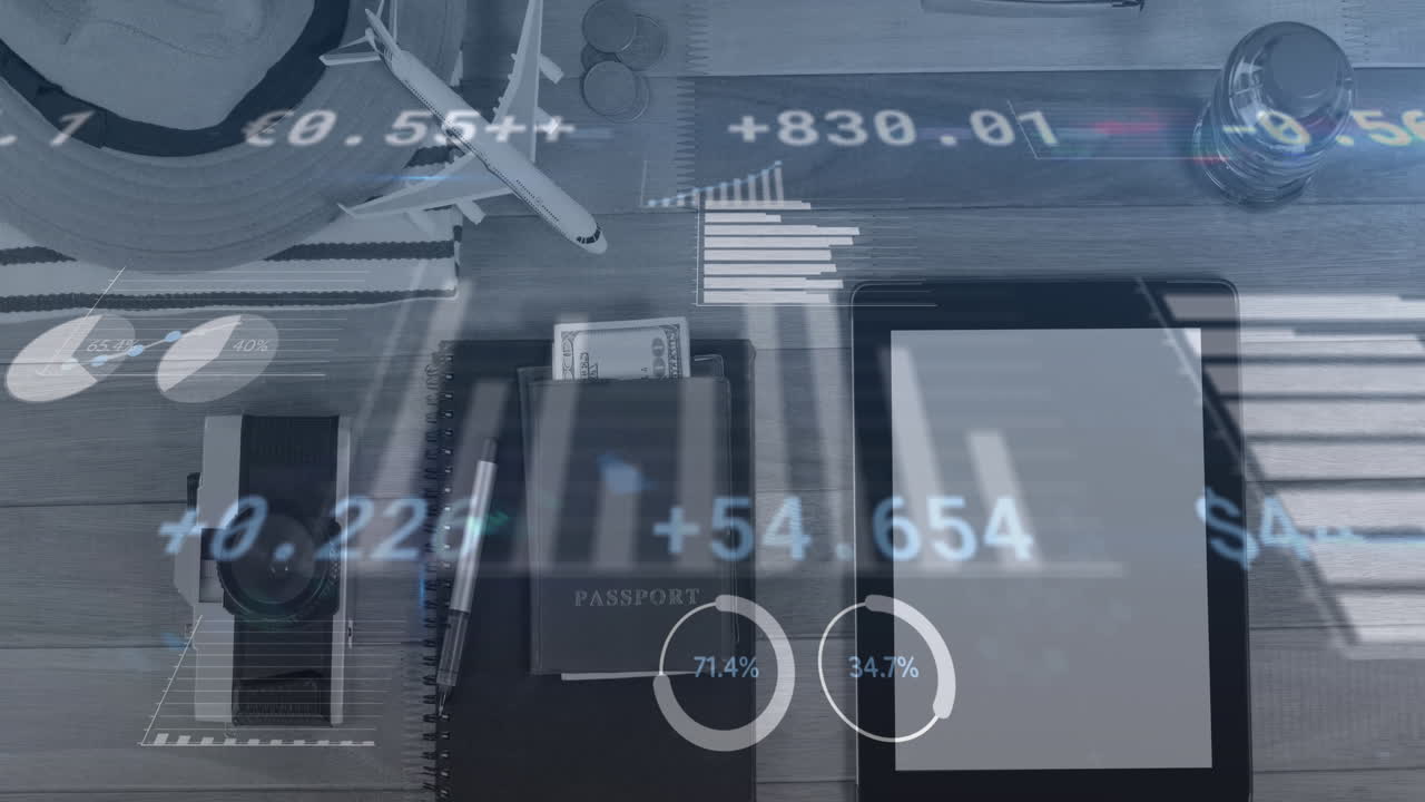 Animation of financial data processing over electronic devices and suitcase with travel items