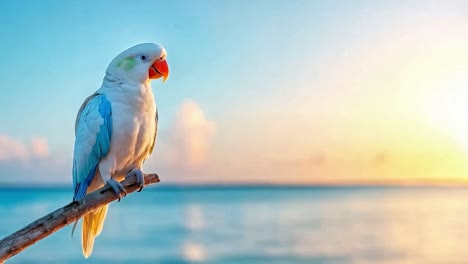 exotic parrot perched by the ocean at sunset