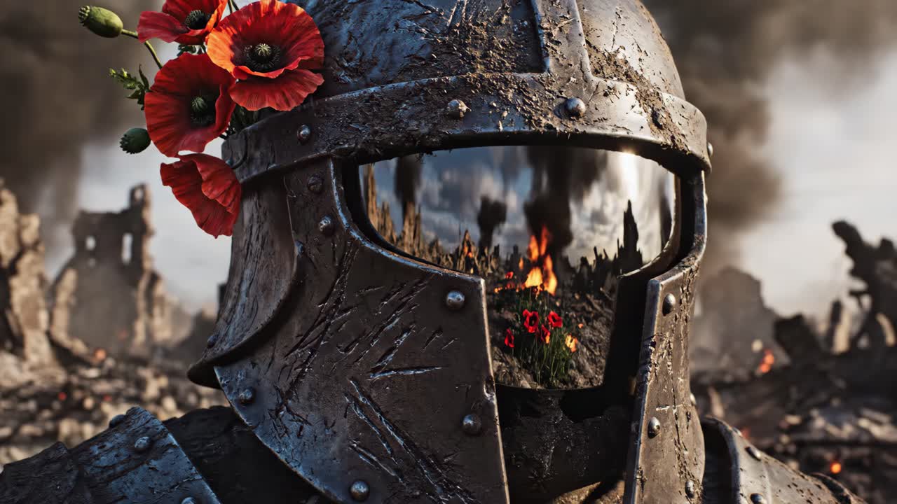 A Knight's Armor Adorned with Poppies on a War-torn Battlefield