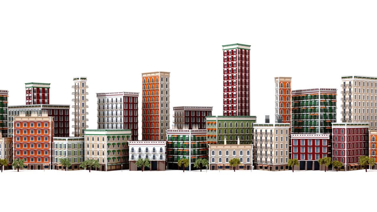 larga calle cámara vista de paso. ciudad con hermosos edificios periódicos. bucle animación 4k