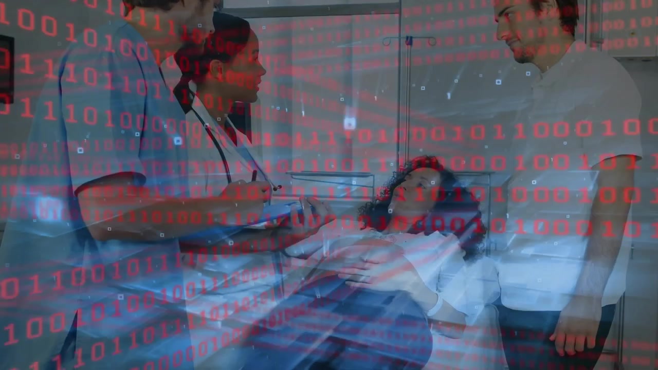 Doctor tapping showing medical vitals nurse noting partner supporting patient with binary overlay