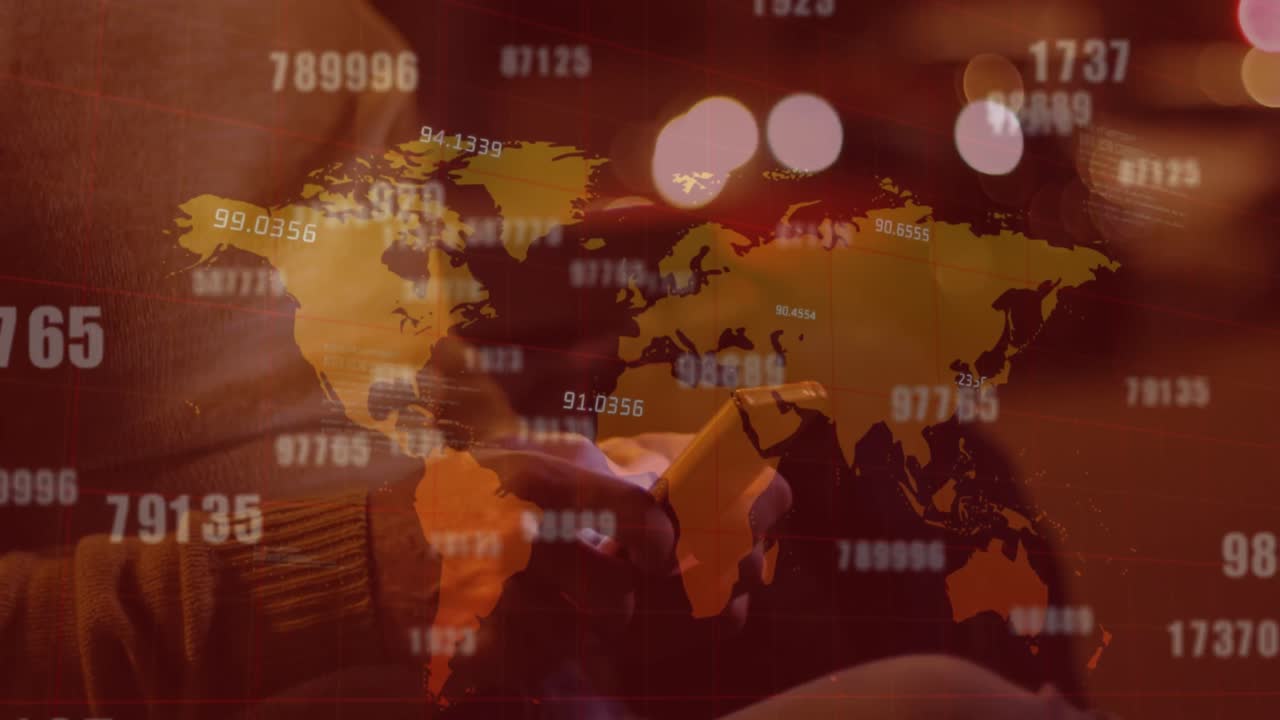 거리에서 스마트 폰을 사용하는 사람의 중간 섹션에 대한 세계 지도에서 여러 번 바뀌는 숫자