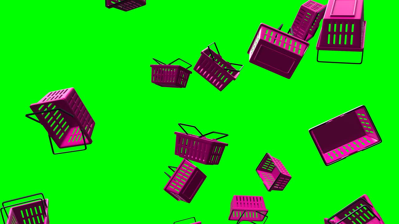 cestas de compras de plástico púrpura en el fondo de la llave de croma verde.