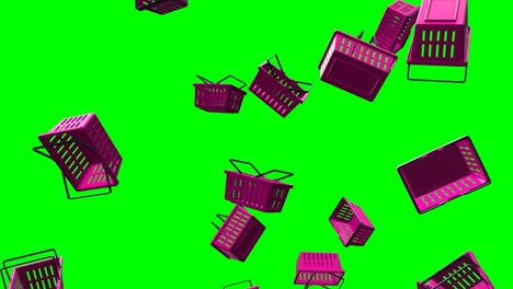 purple plastic shopping baskets on green chroma key background.