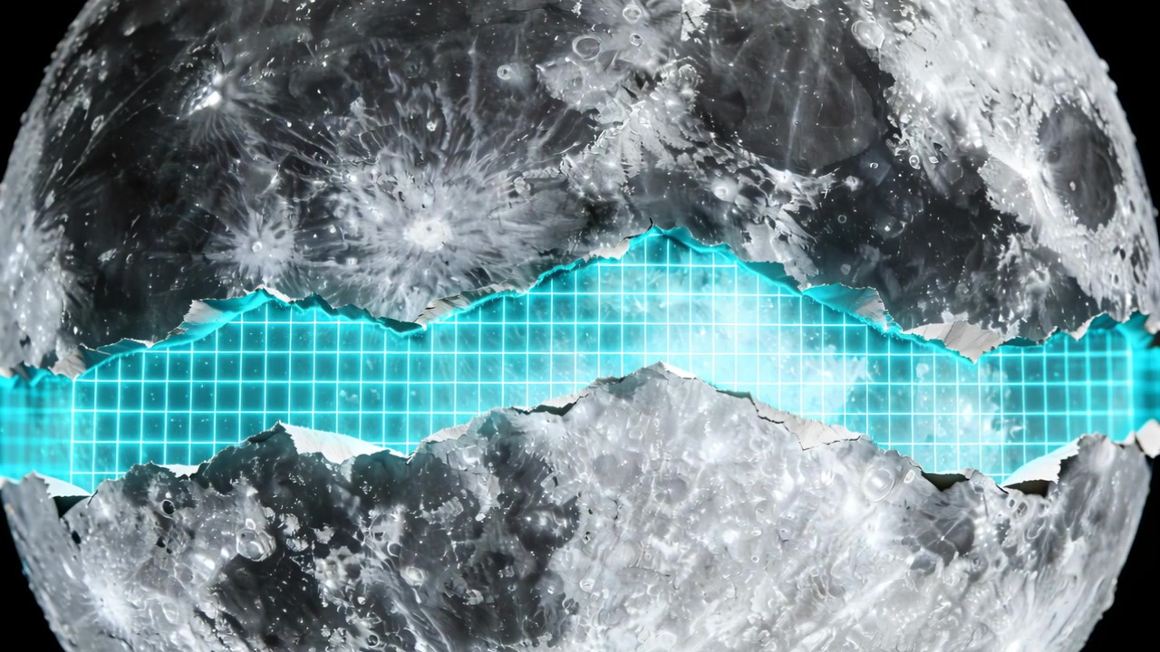 Widening seam on cratered lunar sphere revealing glowing turquoise grid in black void, haze rising