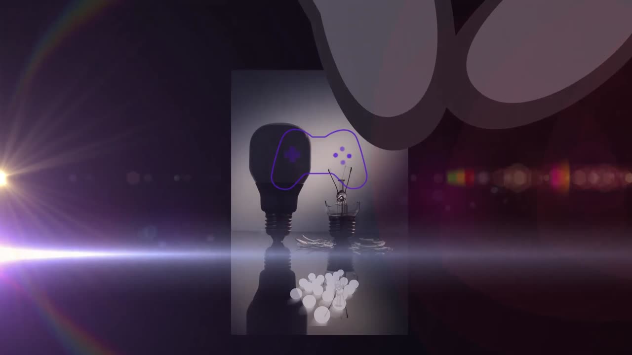 animação de trilhas de luz sobre formas e lâmpada sobre fundo preto
