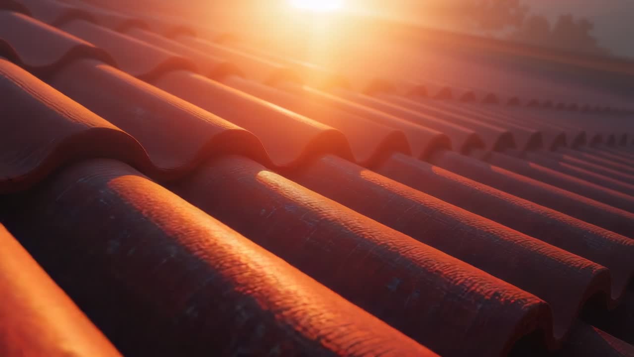 Panning camera across rooftop on sunrise showing terracotta tiles glowing, treetops and chimneys
