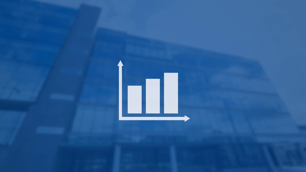 Animation of white graphs over low angle view modern building against sky