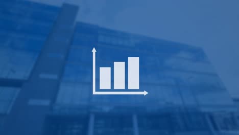 animation of white graphs over low angle view modern building against sky