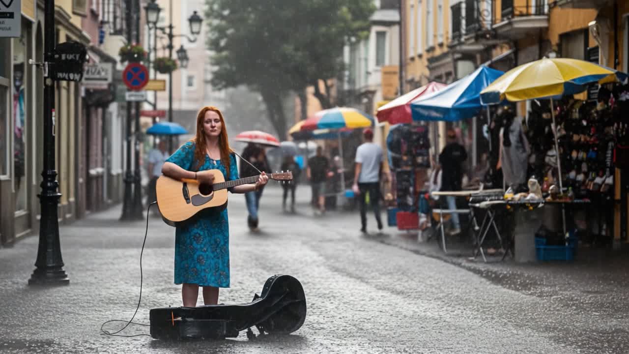 A woman busking with her acoustic guitar on a rainy city street
