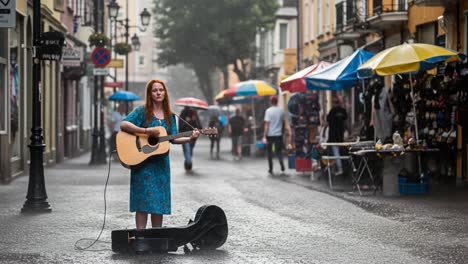 a woman busking with her acoustic guitar on a rainy city street