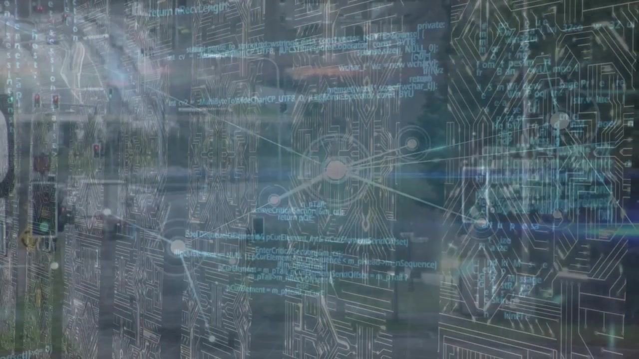 Digital Circuit Board Overlay on Urban City Street