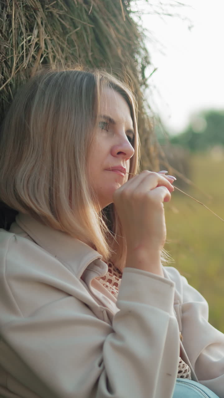 mujer perdida en sus pensamientos con algo en la boca, ajustando su cabeza en la bala de heno en el campo abierto, paisaje rural pacífico con luz dorada y balas de heno esparcidas