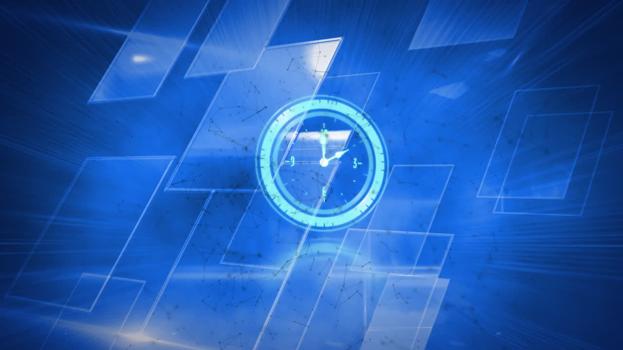 움직이는 시계와 연결 네트워크의 애니메이션은 검은 바탕의 파란색 모양 위에 있습니다.