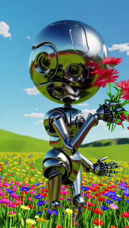 chrome robot with flowers in a vibrant field
