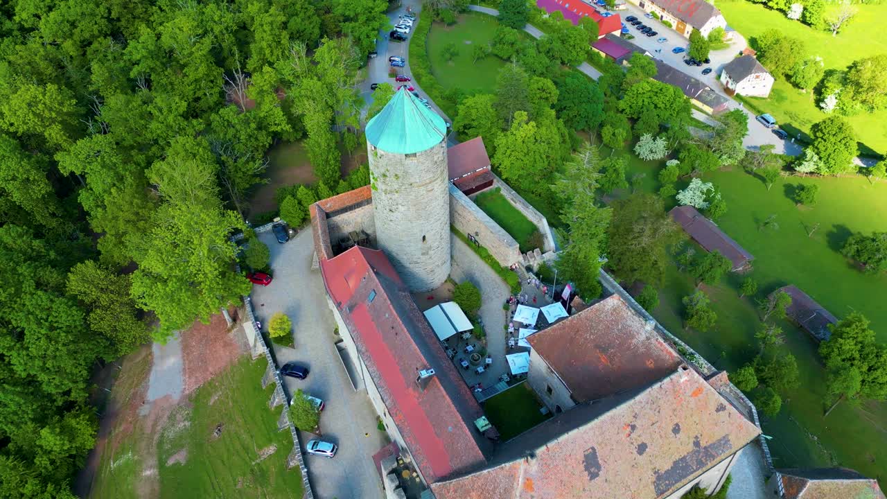 4K Aerial Drone Video of the Restaurant at the Historic Colmberg Castle near Ansbach, Germany in Bavaria