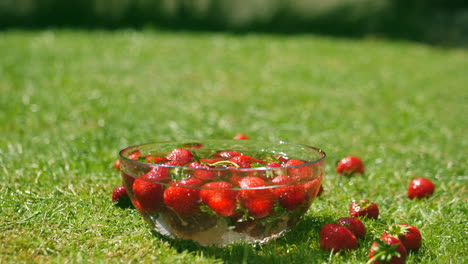 Strawberries-slowly-moving-in-water