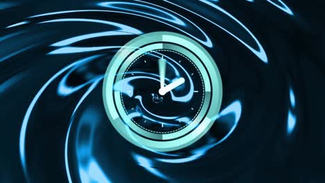 Animation-of-clock-moving-fast-over-blue-liquid-background