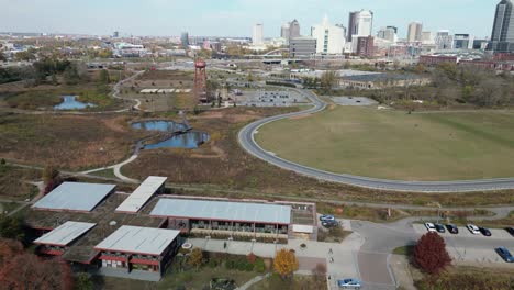 aerial view of audubon park nature center and park with downtown columbus, ohio