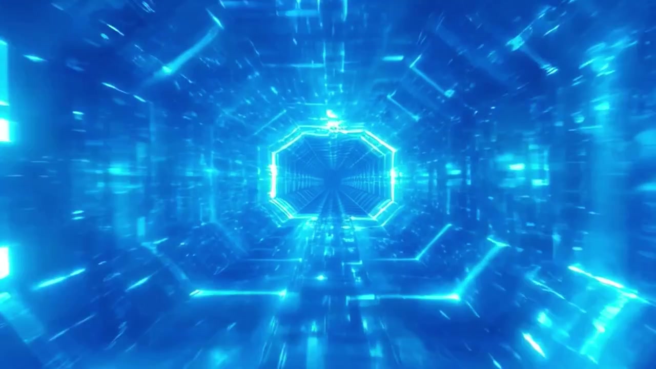 未来的な青いデジタルトンネルを高速で通過する様子