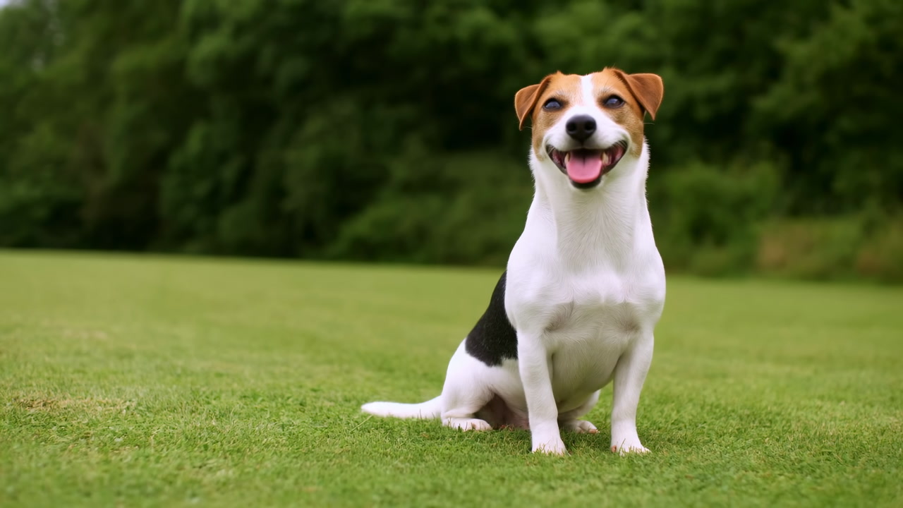 Smiling Terrier Sitting On Green Grass Sunny Park Backdrop With Blurred Trees Tongue Out And Attentive Gaze