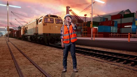 full body of asian male engineer with safety helmet yelling with hand over mouth while standing with freight cargo train at port